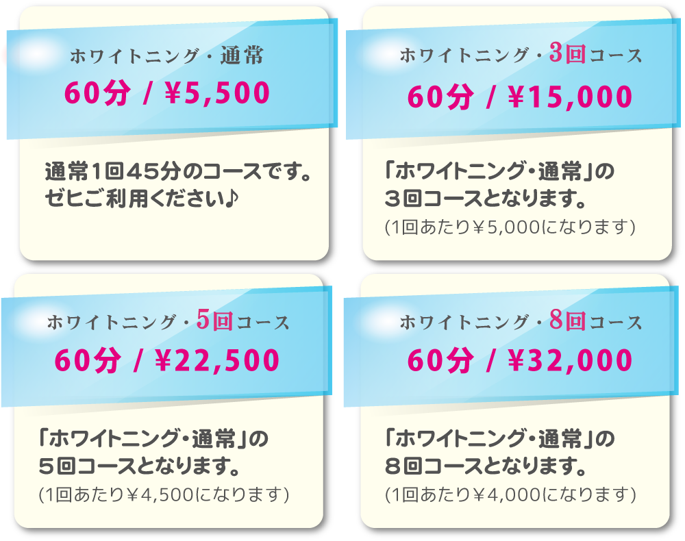 スマイルホワイト、サービス内容｜ホワイトニング・通常45分¥5,500通常1回４５分のコースです。｜ホワイトニング・3回コース45分¥15,000「ホワイトニング・通常」の3回コースとなります。(1回あたり￥5,000になります)｜ホワイトニング・5回コース45分¥22,500｜「ホワイトニング・通常」の5回コースとなります。(1回あたり￥4,500になります)ゼヒご利用ください♪