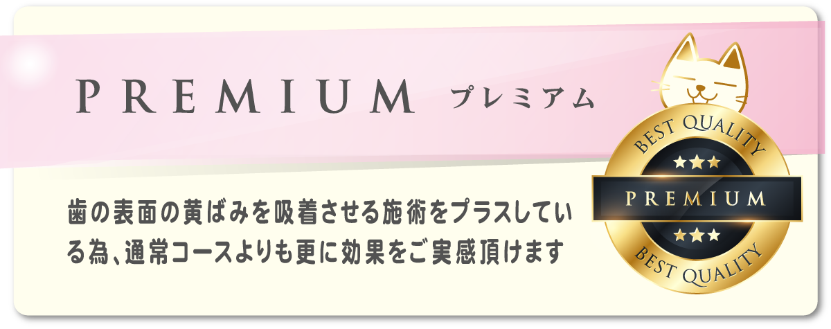 スマイルホワイト、サービス内容|ホワイトニング・プレミアム|PREMIUM | 歯の表面の黄ばみを吸着させる施術をプラスしている為、通常コースよりも更に効果をご実感頂けます